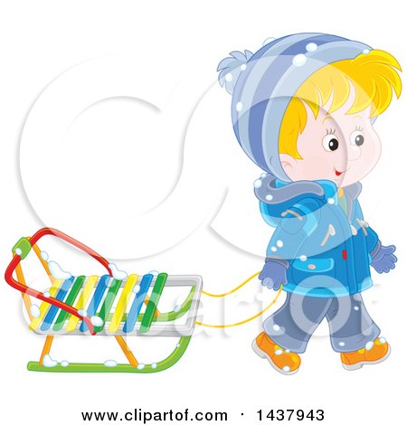Clipart of a Happy White Boy Pulling a Winter Sled - Royalty Free Vector Illustration by Alex Bannykh