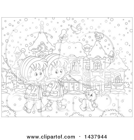 Clipart of a Cartoon Black and White Lineart Boy and Girl Holding Hands and Taking a Winter Stroll with a Dog on a Winter Day - Royalty Free Vector Illustration by Alex Bannykh