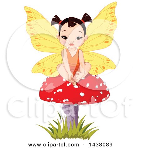 Clipart of a Cute Asian Fairy Girl Sitting on a Mushroom - Royalty Free Vector Illustration by Pushkin