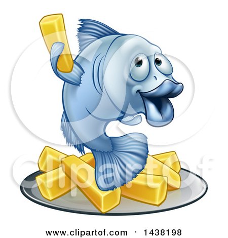 Clipart of a Happy Blue Cod Fish Holding up a Fry over Chips - Royalty Free Vector Illustration by AtStockIllustration