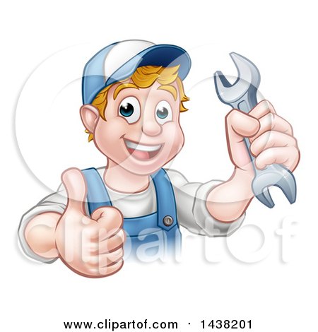 Clipart of a Cartoon Happy White Male Mechanic Holding a Spanner Wrench and Giving a Thumb up - Royalty Free Vector Illustration by AtStockIllustration