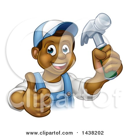 Clipart of a Cartoon Happy Black Male Carpenter Holding a Hammer and Giving a Thumb up - Royalty Free Vector Illustration by AtStockIllustration