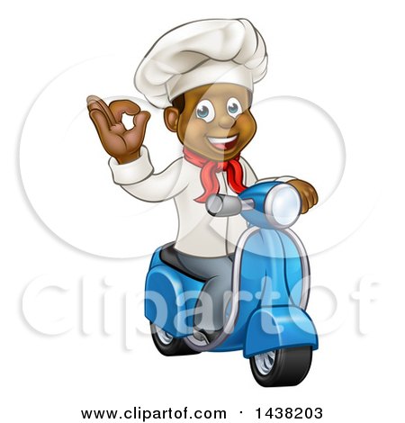 Clipart of a Cartoon Happy Black Male Chef Gesturing Perfect or Ok and Riding a Scooter - Royalty Free Vector Illustration by AtStockIllustration