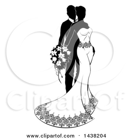 Clipart of a Black and White Silhouetted Posing Bride and Groom - Royalty Free Vector Illustration by AtStockIllustration