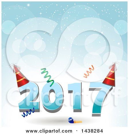 Clipart of a New Year 2017 Design with Party Hats, a Noise Maker and Streamers over Flares and Snow - Royalty Free Vector Illustration by elaineitalia