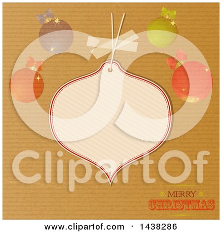 Clipart of a Merry Christmas Greeting on Brown Paper, with a Taped Tag Label and Bauble Ornaments - Royalty Free Vector Illustration by elaineitalia