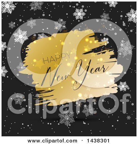 Clipart of a Happy New Year Greeting on Gold over Black with Snowflakes - Royalty Free Vector Illustration by KJ Pargeter