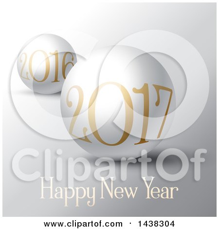 Clipart of a Happy New Year 2017 Greeting with a 2016 Baall in the Back, on Gray - Royalty Free Vector Illustration by KJ Pargeter