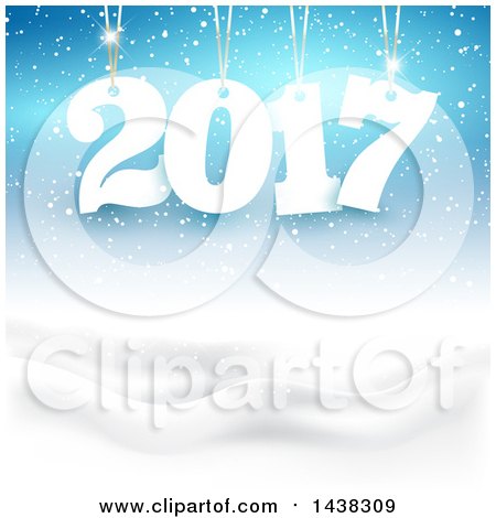 Clipart of a New Year 2017 Design Suspended over a Winter Landscape - Royalty Free Vector Illustration by KJ Pargeter