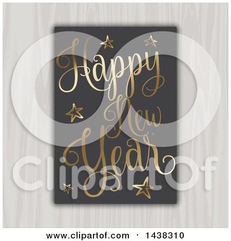 Clipart of a Happy New Year 2017 Greeting in Gold, on Black, Hanging on a Wood Wall - Royalty Free Vector Illustration by KJ Pargeter