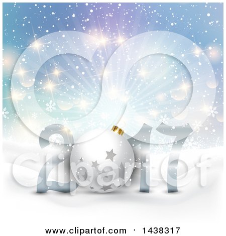 Clipart of a 3d Starry Bauble in a New Year 2017 Design over a Winter Landscape and Burst of Light - Royalty Free Vector Illustration by KJ Pargeter