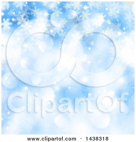 Clipart of a Blue Christmas or Winter Background of Snowflakes and Bokeh Flares - Royalty Free Illustration by KJ Pargeter