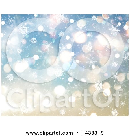 Clipart of a Gradient Christmas or Winter Background of Snowflakes and Bokeh Flares - Royalty Free Illustration by KJ Pargeter