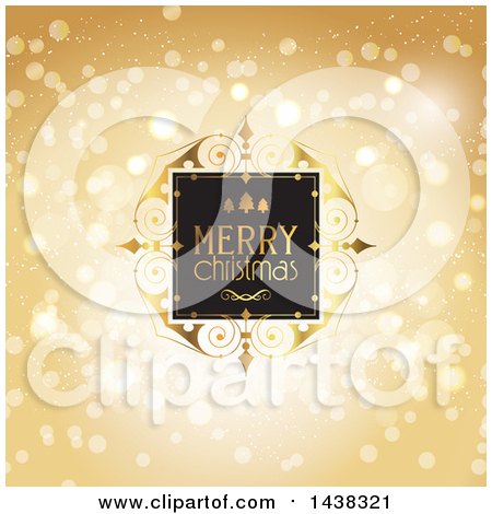 Clipart of a Merry Christmas Greeting in a Frame over Gold Bokeh Flares - Royalty Free Vector Illustration by KJ Pargeter