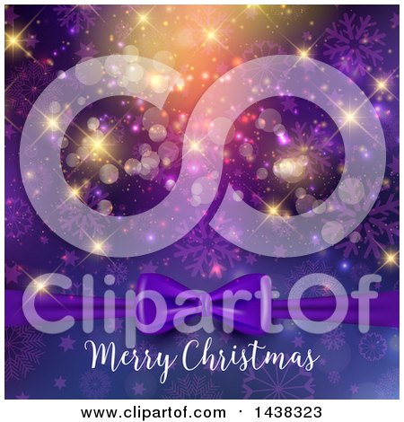 Clipart of a Merry Christmas Greeting Under a Purple Bow with Gold Sparkles, Flares and Snowflakes - Royalty Free Vector Illustration by KJ Pargeter
