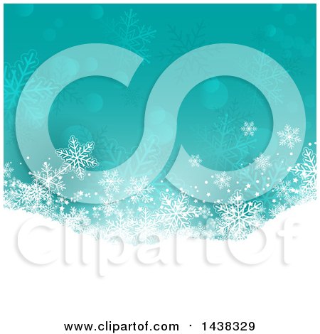 Clipart of a Turquoise Christmas Background with a Snowy Hill, Flares and Snowflakes - Royalty Free Vector Illustration by KJ Pargeter
