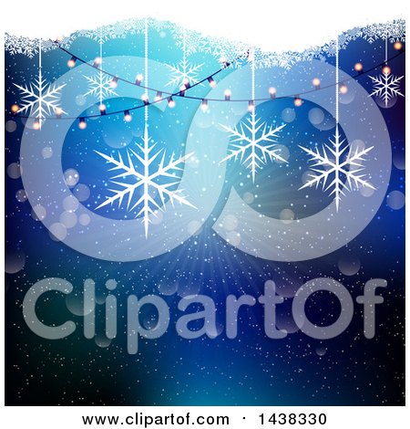 Clipart of a Christmas Background of String Lights and Suspended Snowflakes over Blue - Royalty Free Vector Illustration by KJ Pargeter