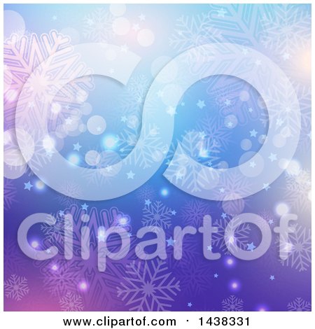 Clipart of a Gradient Purple and Blue Christmas Background with Snowflakes, Stars and Flares - Royalty Free Vector Illustration by KJ Pargeter