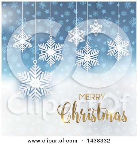 Clipart of a Gold Merry Christmas Greeting over Blue and White with Stars and Snowflakes - Royalty Free Vector Illustration by KJ Pargeter