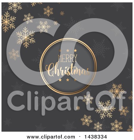 Clipart of a Merry Christmas Greeting in a Round Frame over Gray, with Stars and Snowflakes - Royalty Free Vector Illustration by KJ Pargeter