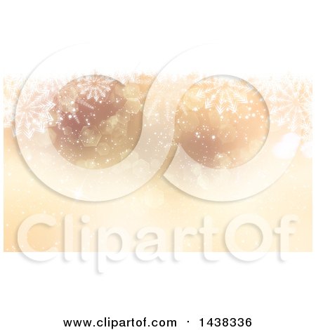 Clipart of a Golden Christmas or Winter Background of with a Border of Snowflakes over Bokeh Flares - Royalty Free Illustration by KJ Pargeter