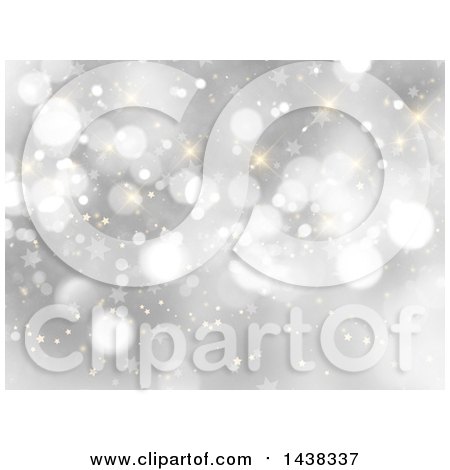 Clipart of a Christmas Background of Stars and Sparkles on Silver - Royalty Free Vector Illustration by KJ Pargeter