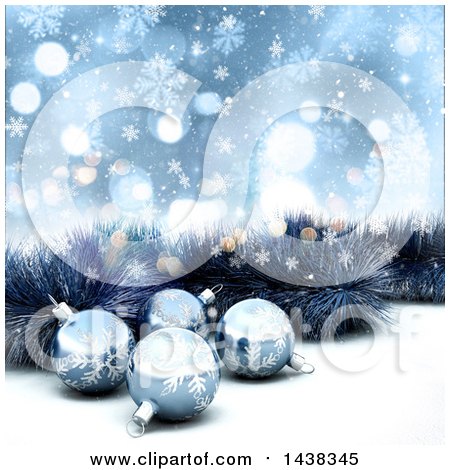 Clipart of a 3d Christmas Background of Tinsel and Baubles over Blue Flares and Snowflakes - Royalty Free Illustration by KJ Pargeter