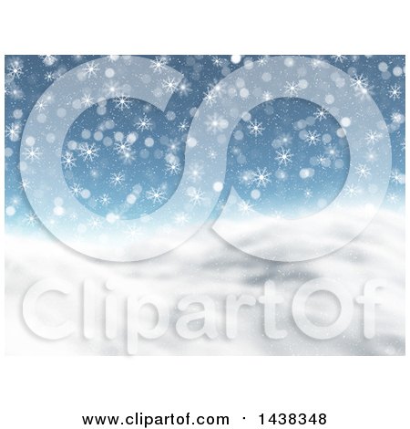 Clipart of a 3d Winter or Christmas Background of a Snowy Landscape with Snowflakes on Blue - Royalty Free Illustration by KJ Pargeter