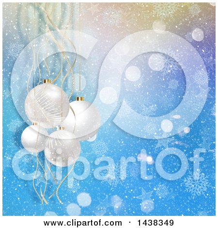 Clipart of a Christmas Background of 3d Hanging Bauble Ornaments over Blue Flares, Stars and Snowflakes - Royalty Free Illustration by KJ Pargeter