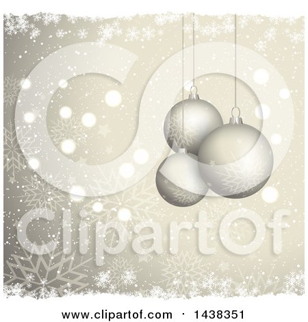 Clipart of a Christmas Background of 3d Suspended Bauble Ornaments over Gold Bokeh Flares, Stars and Snowflakes - Royalty Free Vector Illustration by KJ Pargeter