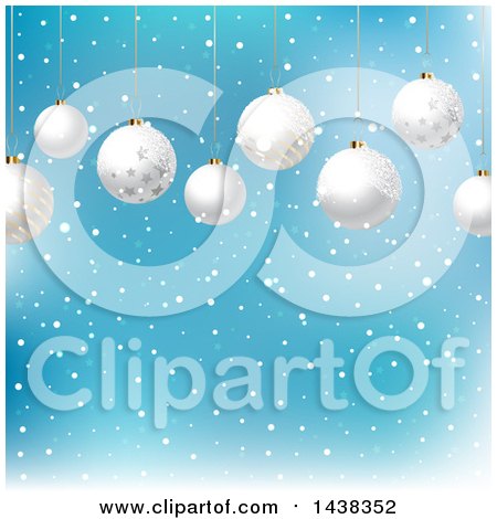 Clipart of a Christmas Background of 3d Suspended Bauble Ornaments over Snow on Blue - Royalty Free Vector Illustration by KJ Pargeter