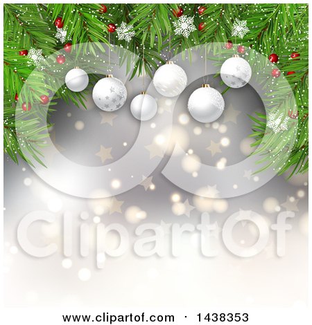 Clipart of a Christmas Background of 3d Suspended Bauble Ornaments and Tree Branches over Stars and Bokeh Flares - Royalty Free Vector Illustration by KJ Pargeter