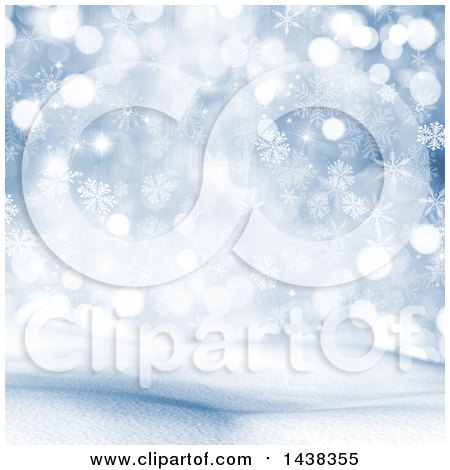 Clipart of a 3d Winter or Christmas Background of a Snowy Landscape with Snowflakes and Flares on Blue - Royalty Free Illustration by KJ Pargeter