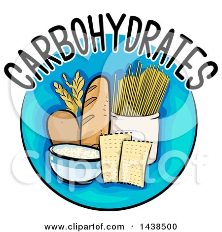 Clipart of a Blue Icon with Carbohydrates Text and Food - Royalty Free Vector Illustration by BNP Design Studio