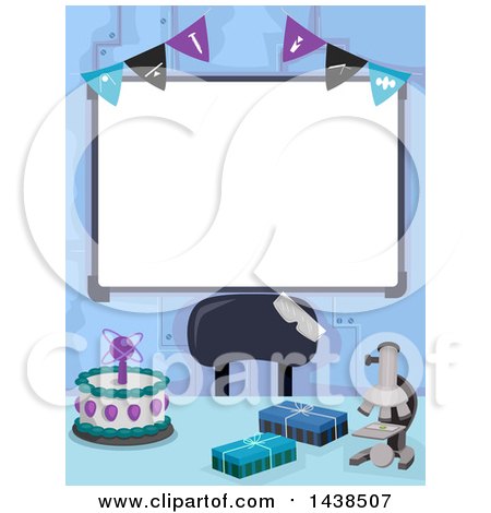Clipart of a Blank White Board with a Party Banner and Science Themed Items - Royalty Free Vector Illustration by BNP Design Studio