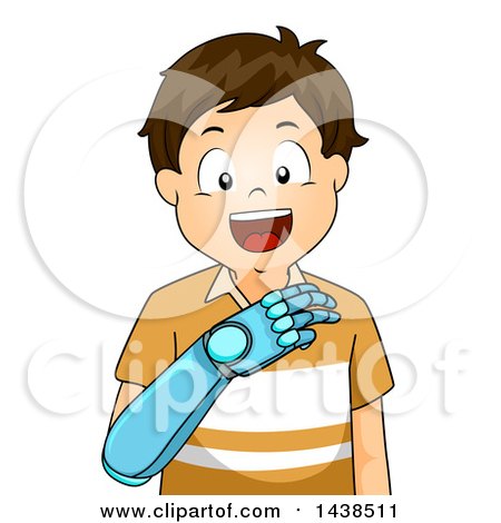 Clipart of a Happy Brunette White Boy Using a Bionic Prosthetic Arm - Royalty Free Vector Illustration by BNP Design Studio