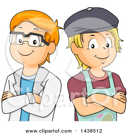 Clipart of a Blond and Red Haired White Boys Standing Shoulder to Shoulder, One a Scientist and the Other an Artist - Royalty Free Vector Illustration by BNP Design Studio