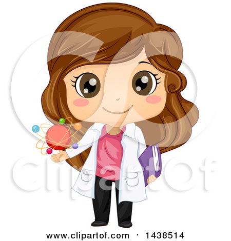 Clipart of a Happy Brunette White Girl Scientist Holding a Book and Atomic Model - Royalty Free Vector Illustration by BNP Design Studio