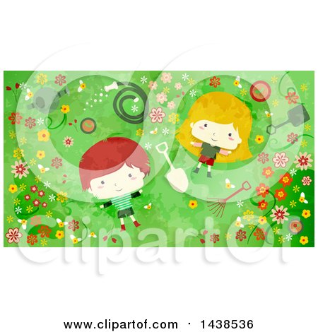 Clipart of a Red Haired Boy and Blond Girl Laying on Grass, Surrounded by Flowers and Garden Tools - Royalty Free Vector Illustration by BNP Design Studio