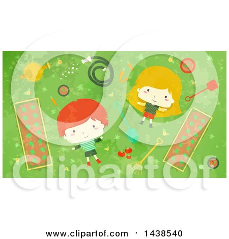 Clipart of a Red Haired Boy and Blond Girl Laying on Grass in a Garden - Royalty Free Vector Illustration by BNP Design Studio
