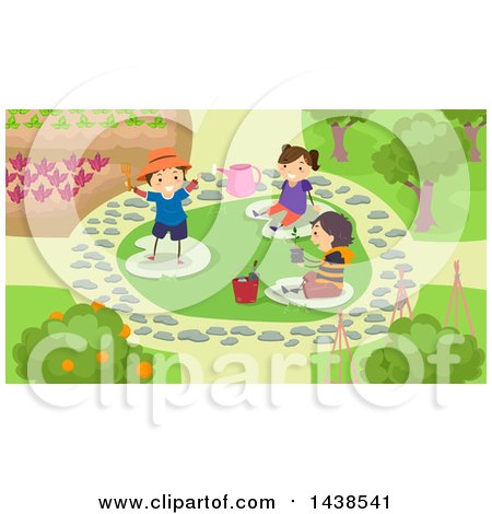 Clipart of a Group of School Children Landscaping a Garden - Royalty Free Vector Illustration by BNP Design Studio