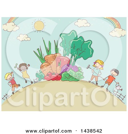 Clipart of a Sketched Group of Children with Giant Produce in a Garden - Royalty Free Vector Illustration by BNP Design Studio
