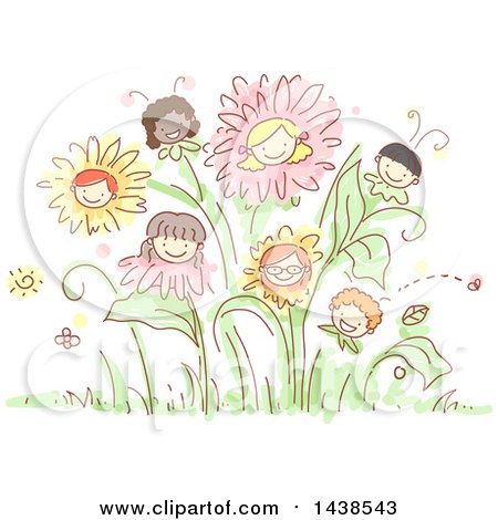 Clipart of a Group of Sketched Children As Flowers in a Garden - Royalty Free Vector Illustration by BNP Design Studio