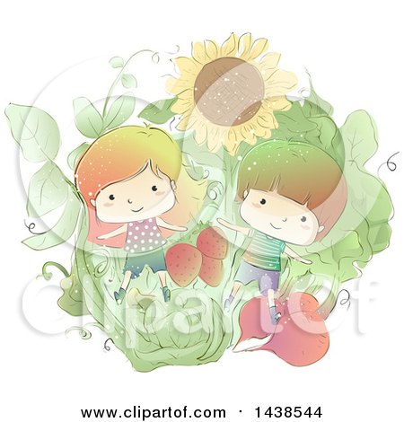 Clipart of a Sketched Boy and Girl in a Garden with Giant Produce - Royalty Free Vector Illustration by BNP Design Studio