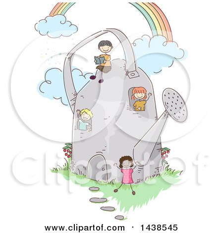 Clipart of a Sketched Group of Children Playing in and Around a Watering Can - Royalty Free Vector Illustration by BNP Design Studio