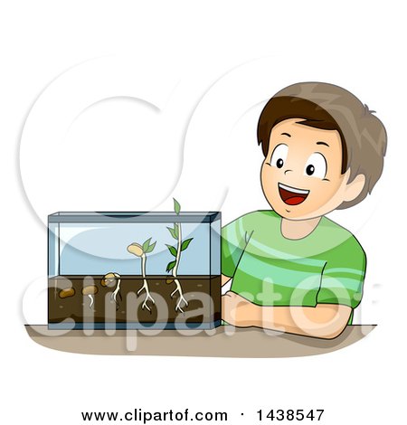 Clipart of a Happy Brunette White Boy with a Germination Experiment - Royalty Free Vector Illustration by BNP Design Studio