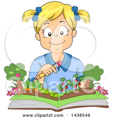 Clipart of a Happy Blond White Girl Reading a Popup Gardening Book - Royalty Free Vector Illustration by BNP Design Studio