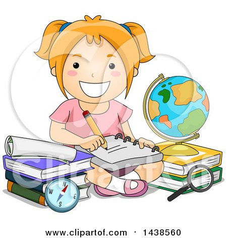 Clipart of a Happy Red Haired White School Girl Studying - Royalty Free Vector Illustration by BNP Design Studio
