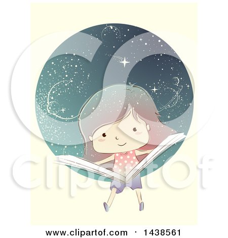 Clipart of a White Girl Reading a Book and Floating in Outer Space - Royalty Free Vector Illustration by BNP Design Studio