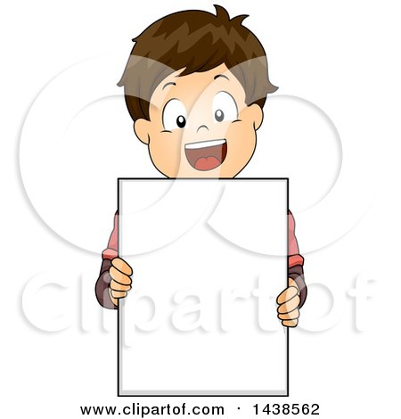Clipart of a Happy Brunette White Boy Holding a Blank Board - Royalty Free Vector Illustration by BNP Design Studio